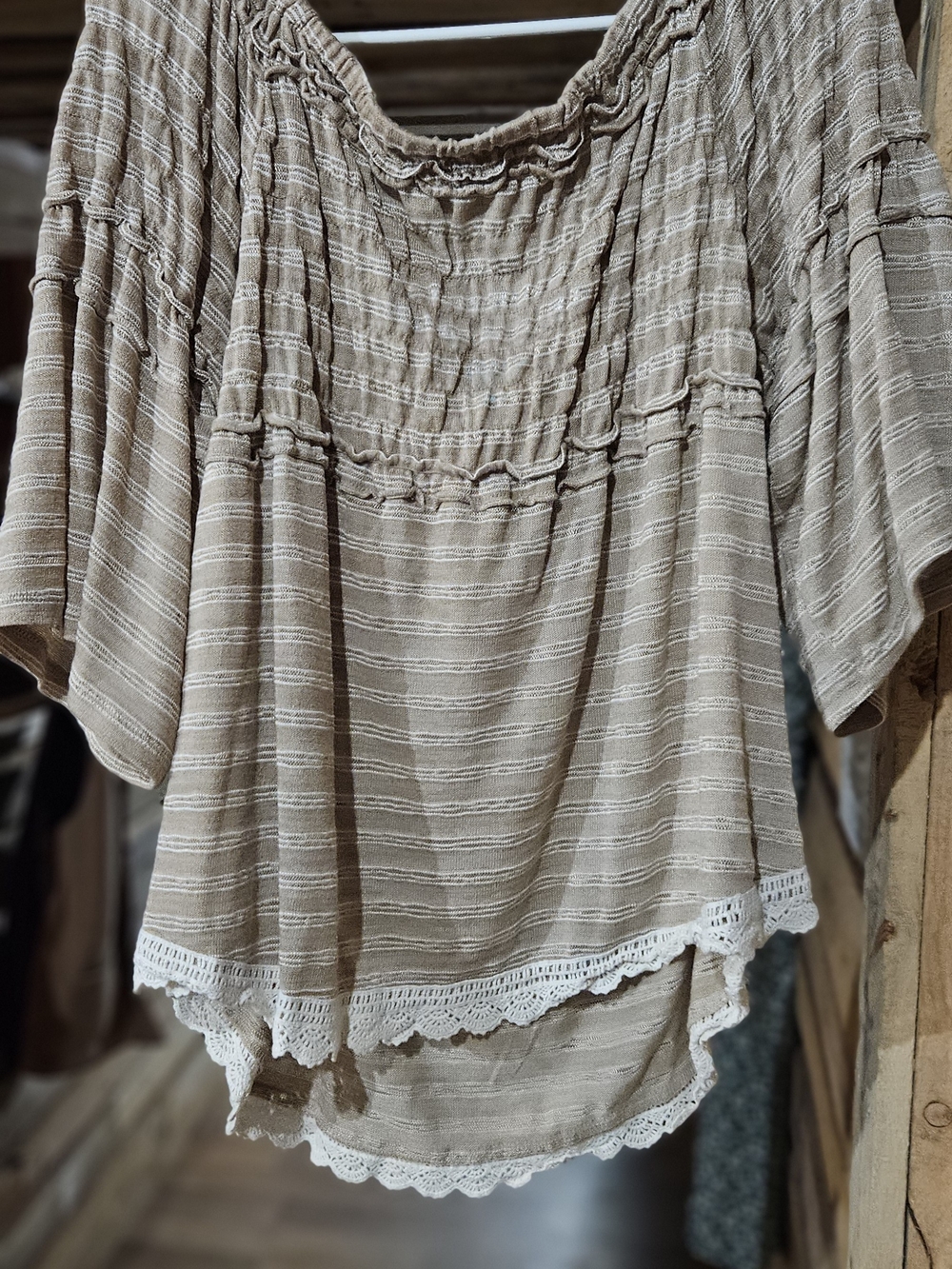 Maurices Taupe Striped Crochet-Hem Peasant Tunic
